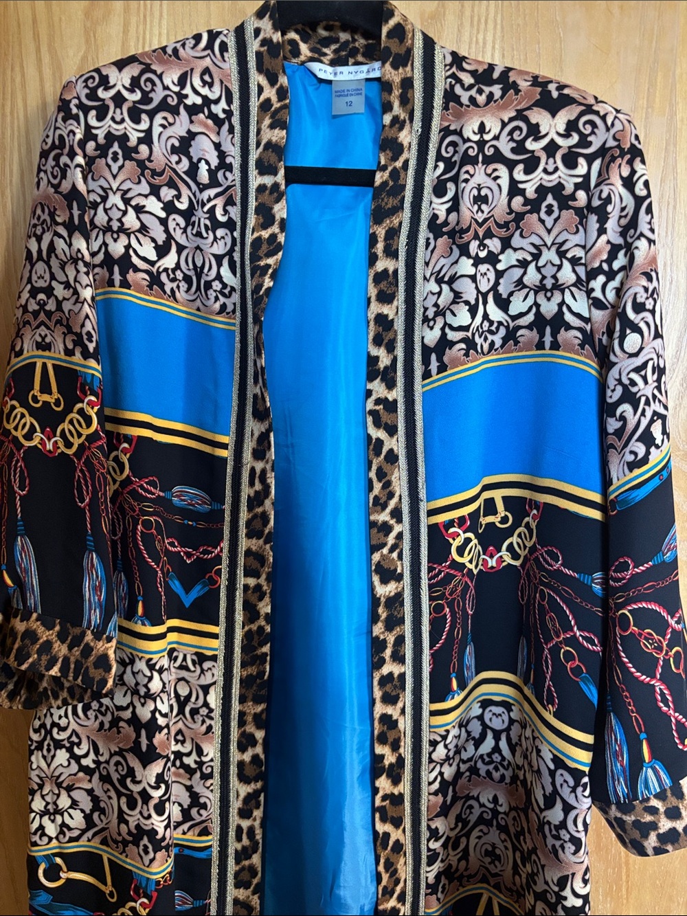 Peter Nygard Blue & Black Printed Kimono Robe with Leopard Trim - Picture 3 of 4